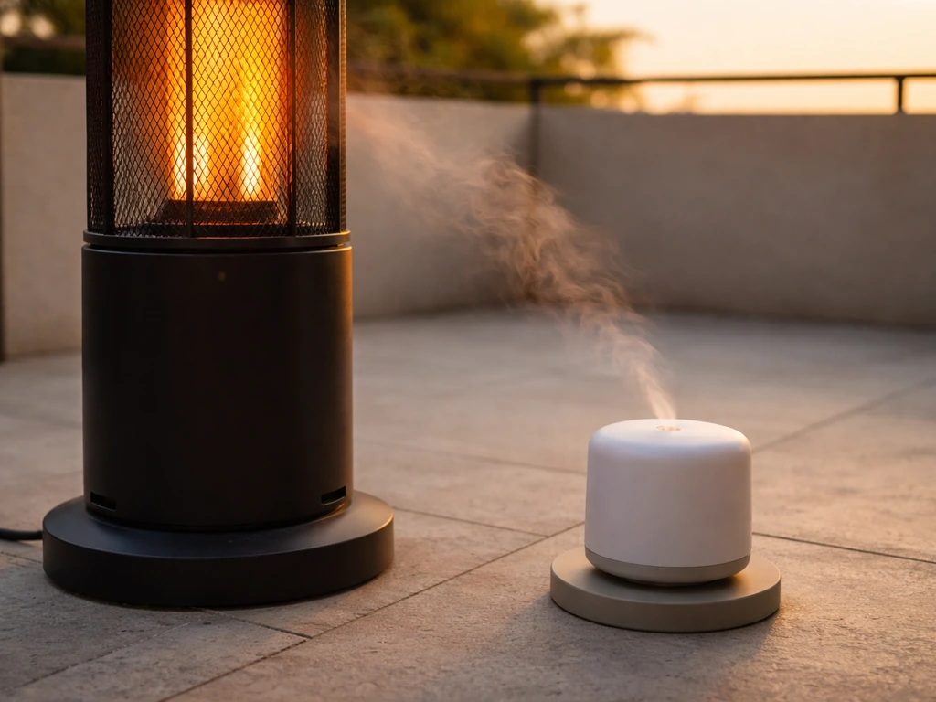 Diffuser positioned beside a patio heater with warm air convection drifting toward it.