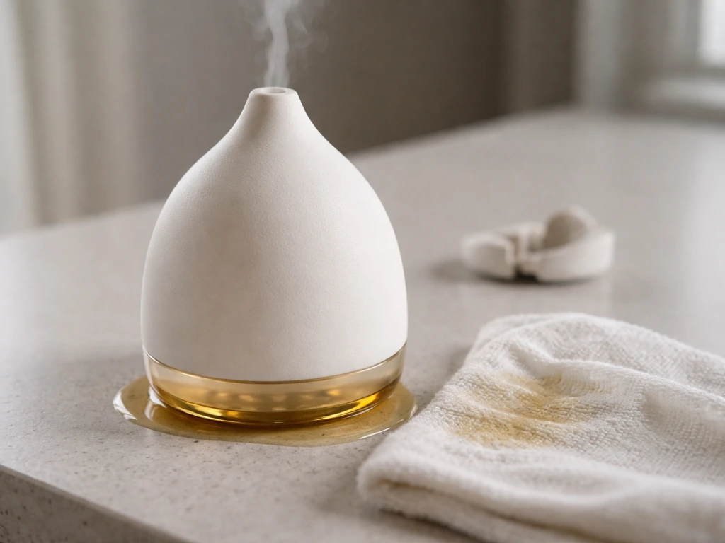 A small essential-oil diffuser base with oil pooled, wiped with a towel, beside a cracked ceramic piece for inspection.