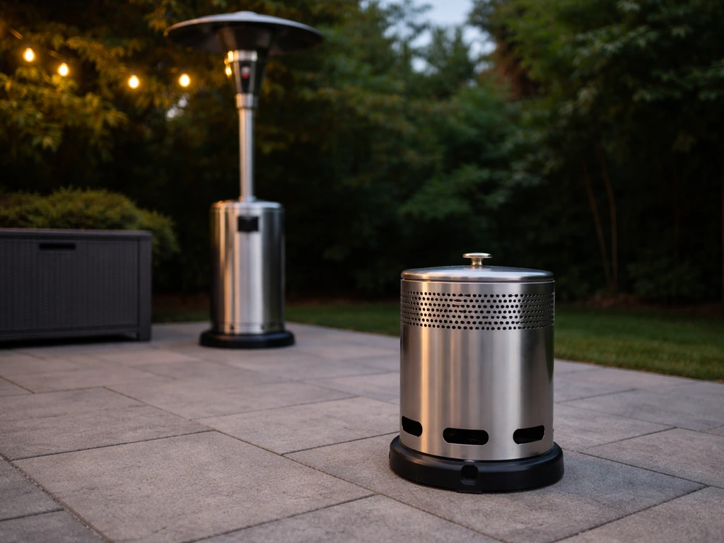 Outdoor patio heater with a clear-spaced diffuser accessory resting safely on stable ground