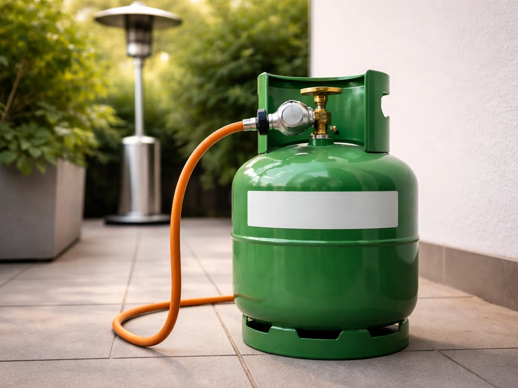 Patio heater with a gas cylinder and regulator, label area in view to show checking propane vs butane.