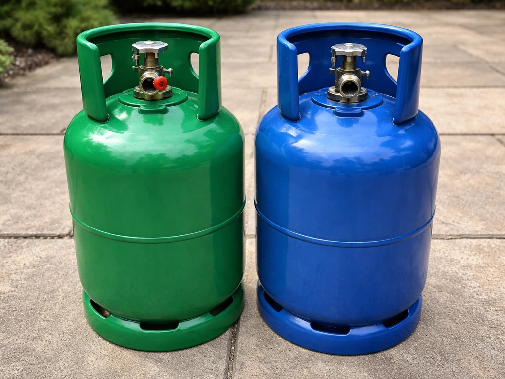 Close-up of two outdoor LPG cylinders—green propane and blue butane—showing a clear propane vs butane difference.