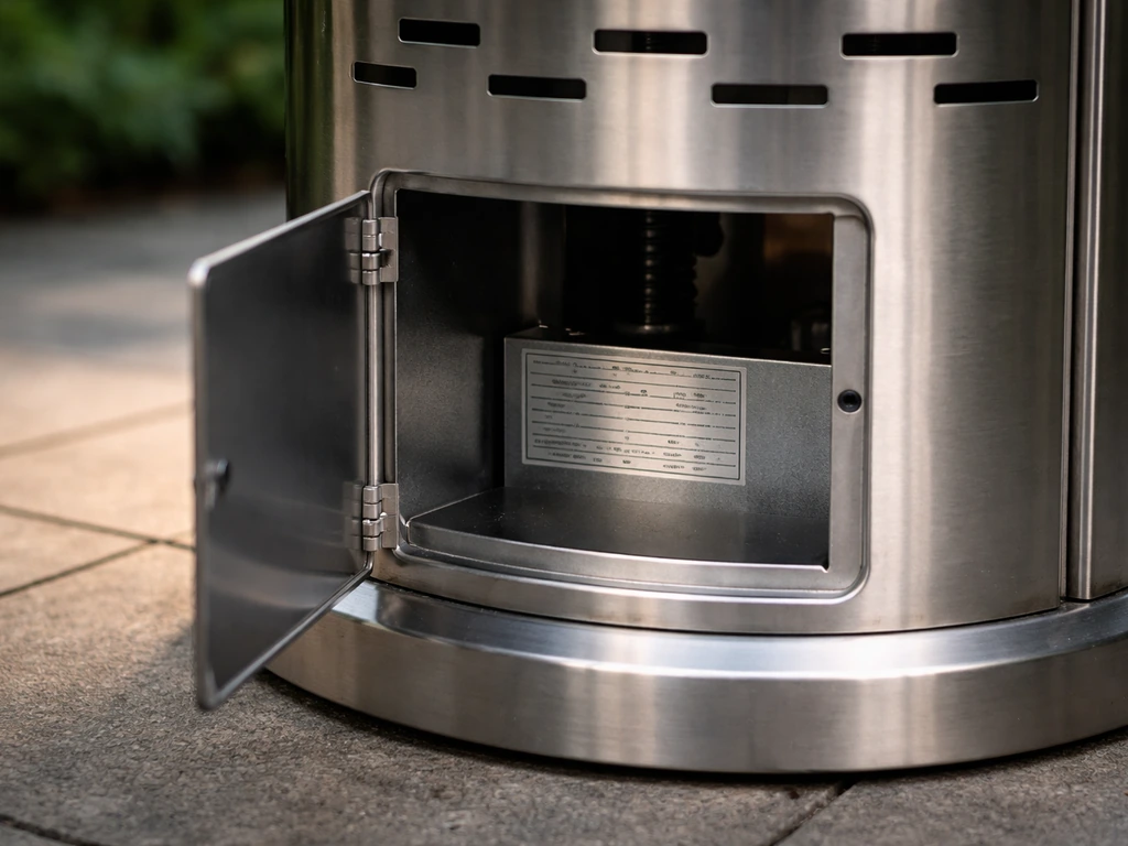 Close-up of a patio gas heater showing a clearly visible rating plate on the base/access panel.