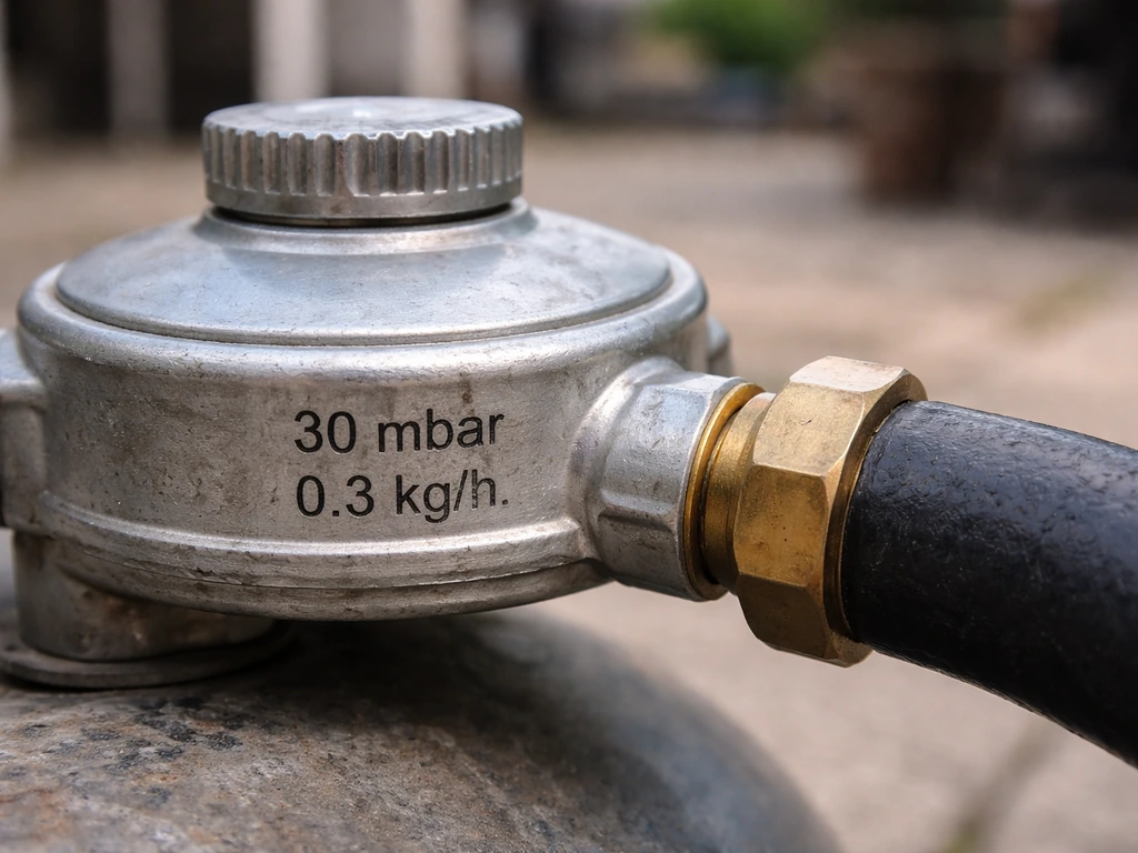 Close-up of a propane cylinder low-pressure regulator body with visible stamped output pressure spec