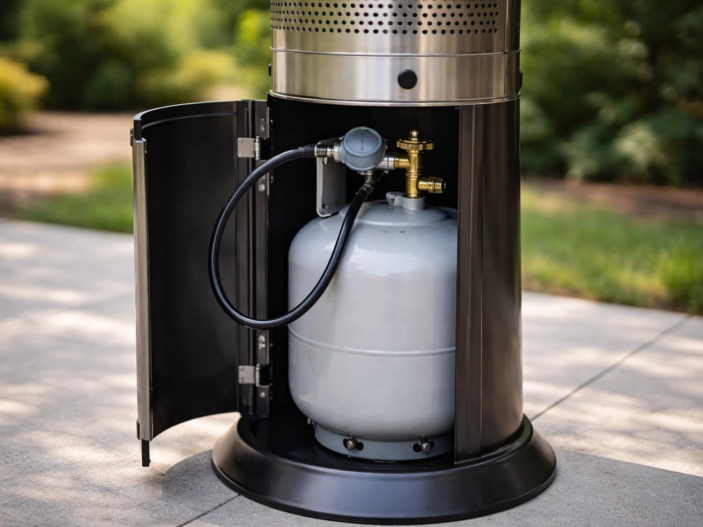 Outdoor patio heater with a visible propane cylinder regulator connection area, clear and minimal.