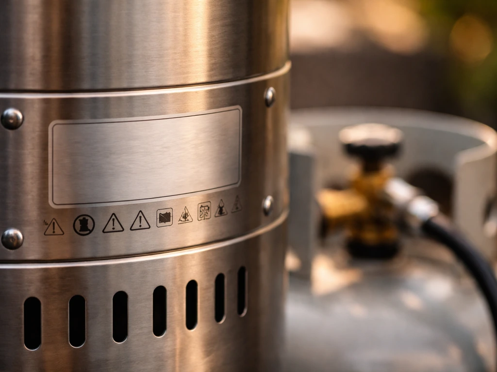 Close-up of a patio heater label area with hoses and a cylinder backdrop, showing “patio gas” as a category concept.