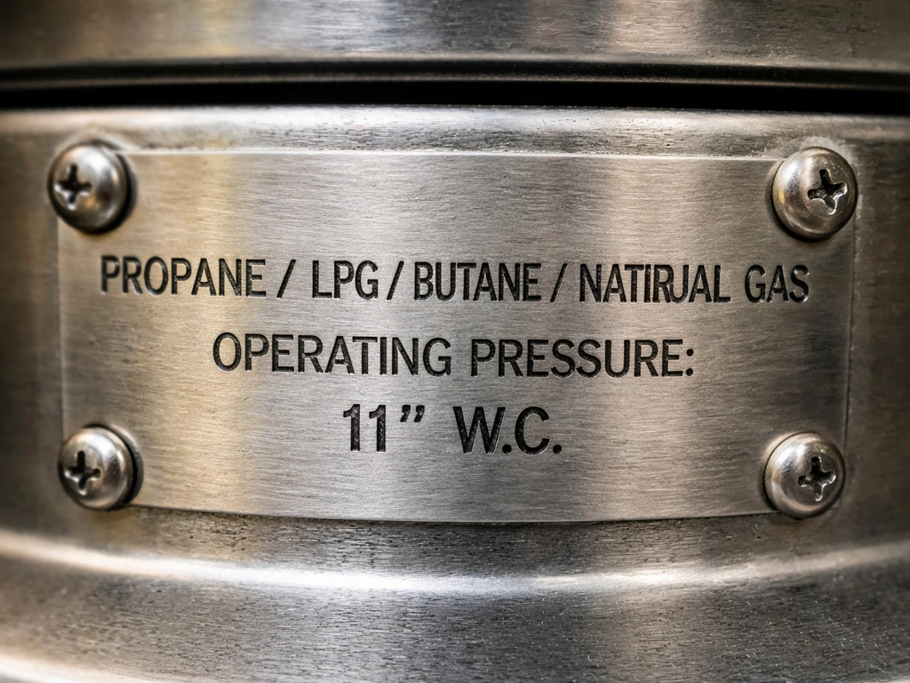 Macro close-up of a patio heater’s data plate showing approved gas type and operating pressure