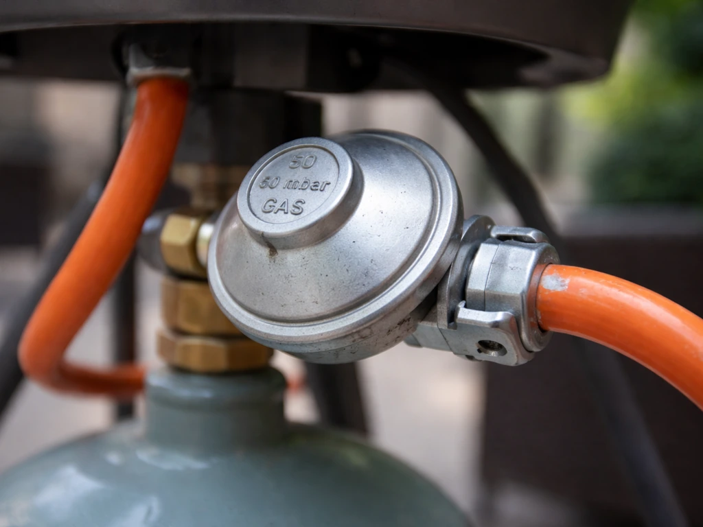 Close-up of a patio heater gas regulator showing pressure rating and the 27mm clip-on connection interface.