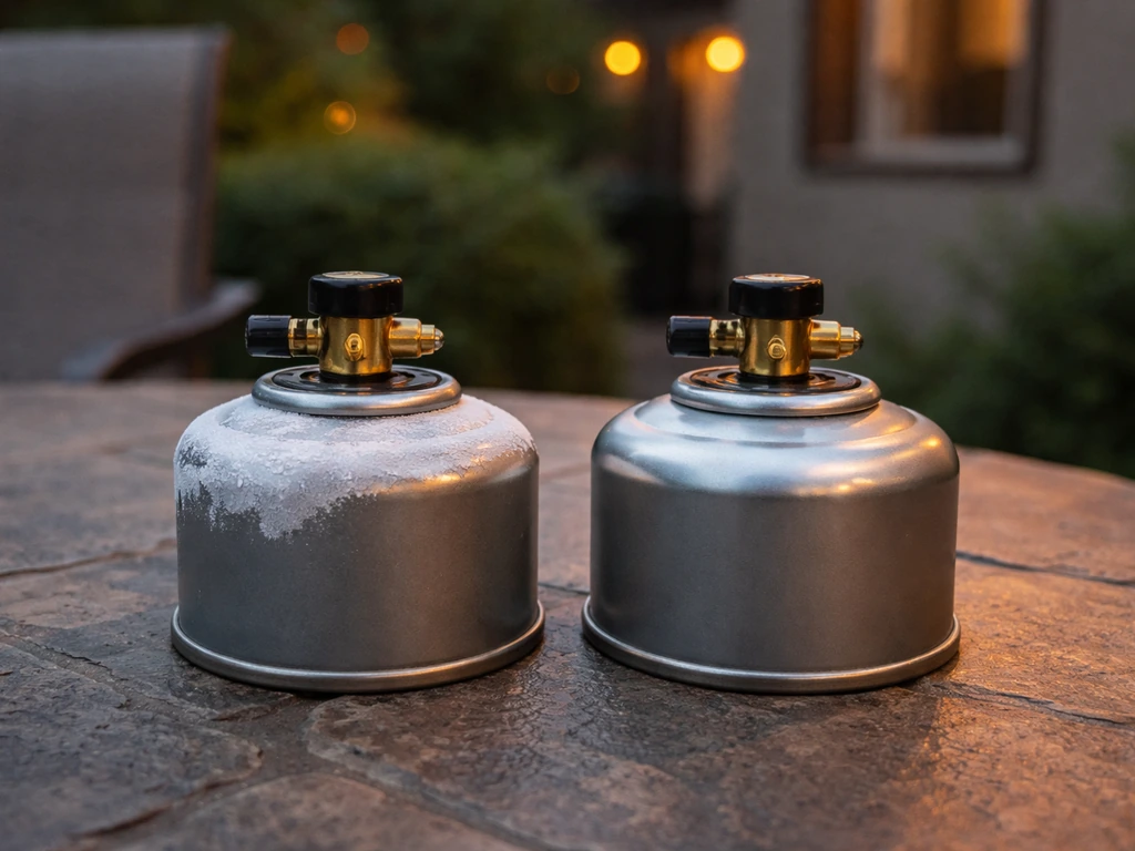 Two small outdoor heater canisters with contrasting frost—left more frosted than right—on a patio at dusk.