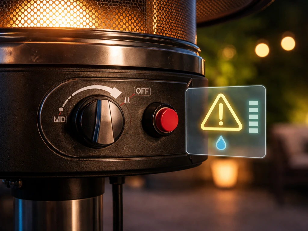 Close-up of a patio propane heater control area with ignition glow fading, suggesting a fuel/pressure issue.