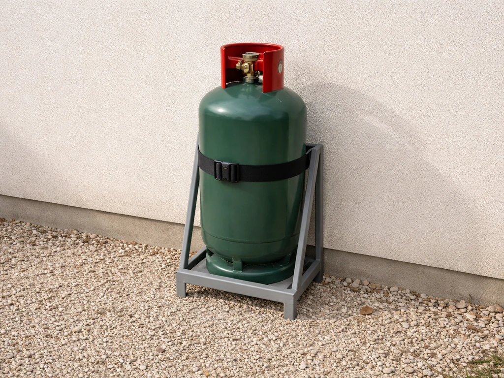 Propane cylinder stored upright outdoors in a ventilated, safe area with protective strap/stand
