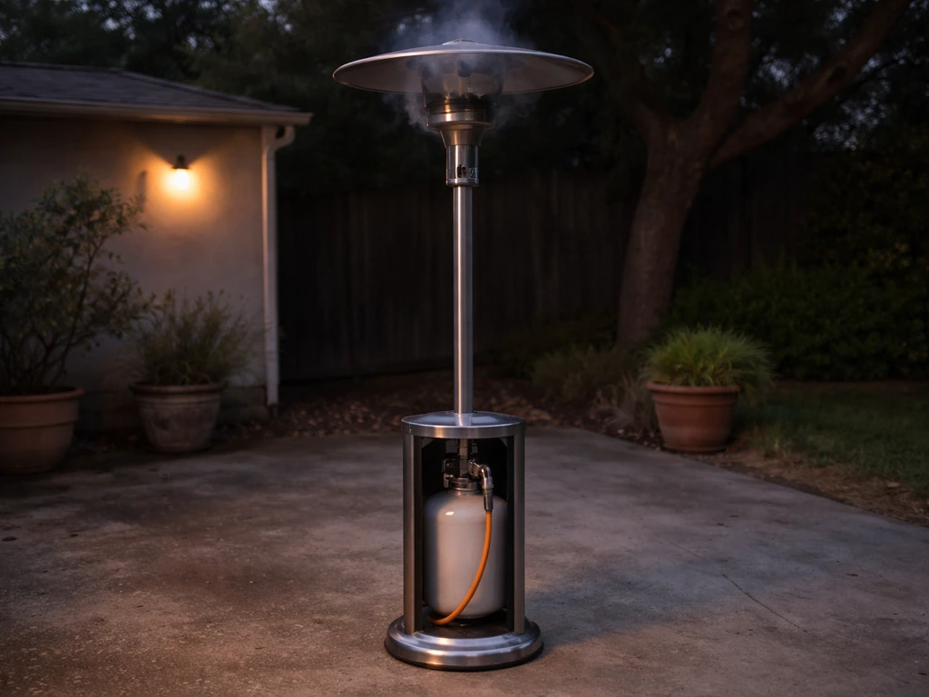 Outdoor propane patio heater on a patio with tank connected and no steady flame.