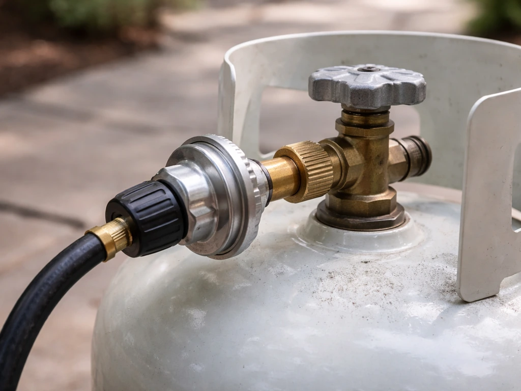 Close-up of a propane tank valve and regulator connected to a patio heater with visible flow control area