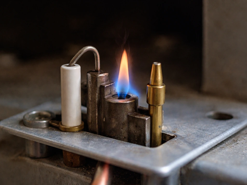Close-up of a heater pilot assembly showing the thermocouple tip near a brief blue pilot flame.