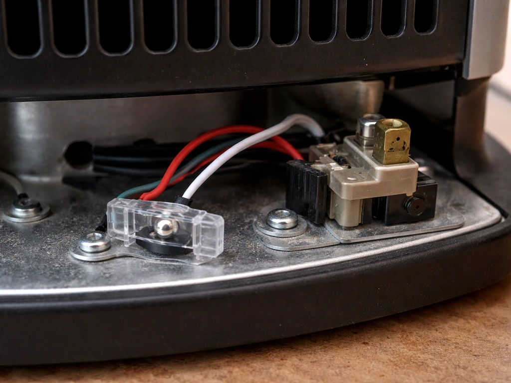 Close-up of a tilt switch and safety cutoff near the base of a small heater, shown clearly