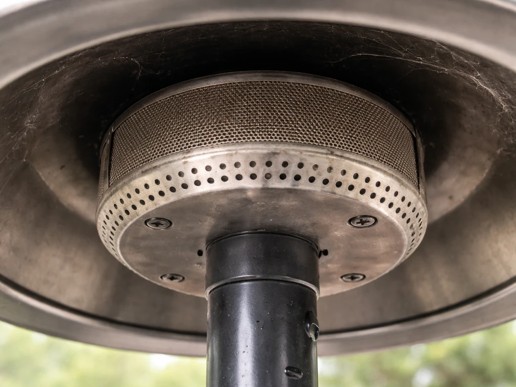 Close-up of a cleaned patio heater burner ports and emitter screen under the dome.