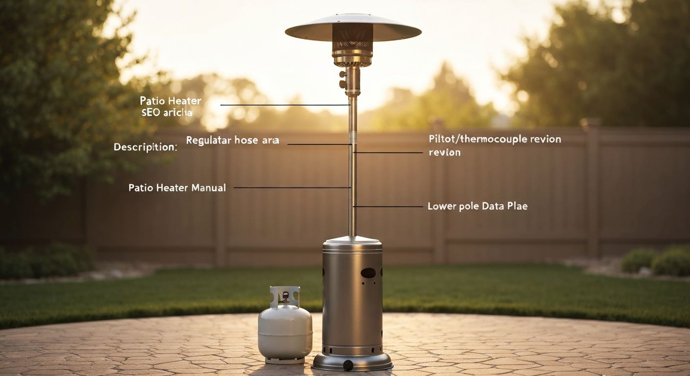 Freestanding mushroom-style propane patio heater on a backyard patio with subtle callouts to control knob, regulator hose, pilot/thermocouple, and data plate.