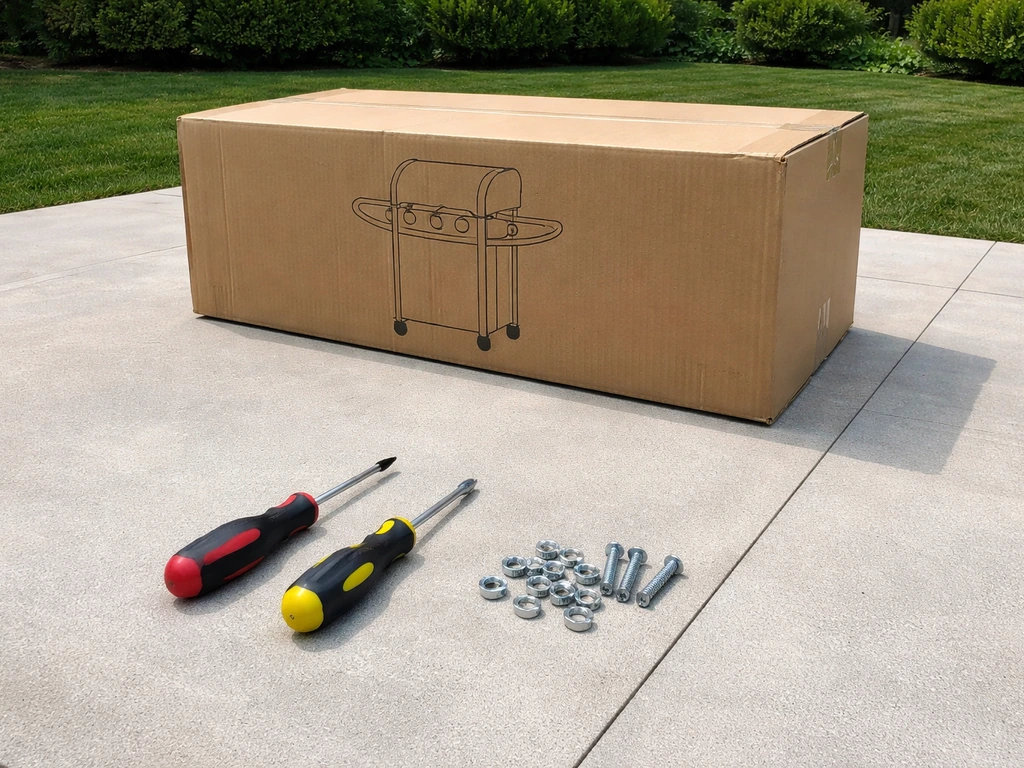 Outdoor flat work area with screwdrivers and grill hardware laid out beside a boxed grill