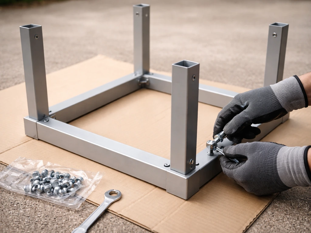 Close-up of silver fire pit base frame assembly with legs upright and bolts being finger-tightened.