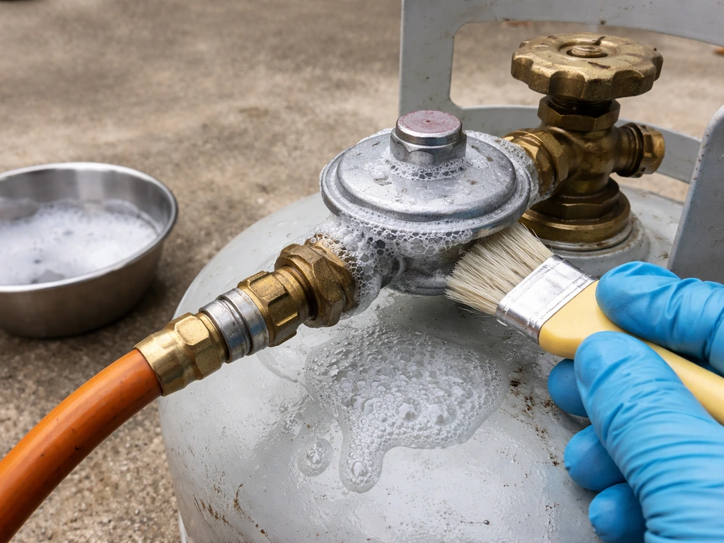 Close-up of LP regulator connected to cylinder with soapy bubbles on fitting connections to check leaks