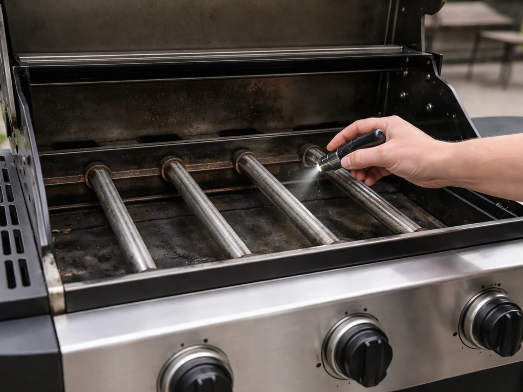 Open gas grill front with burner tubes visible and a hand inspecting for spider webs or debris