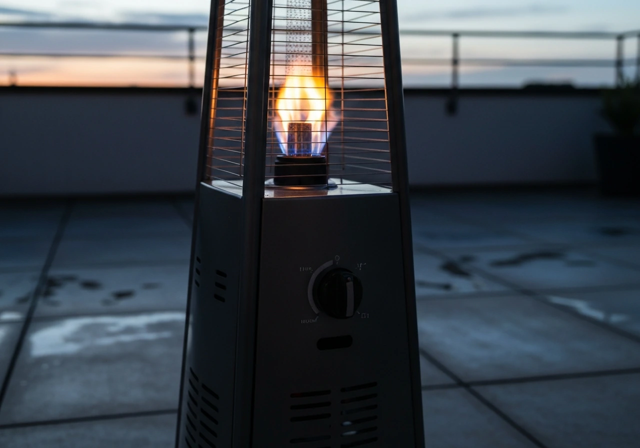 Patio heater with visible pilot flame, main burner off—suggesting the heater won’t stay lit