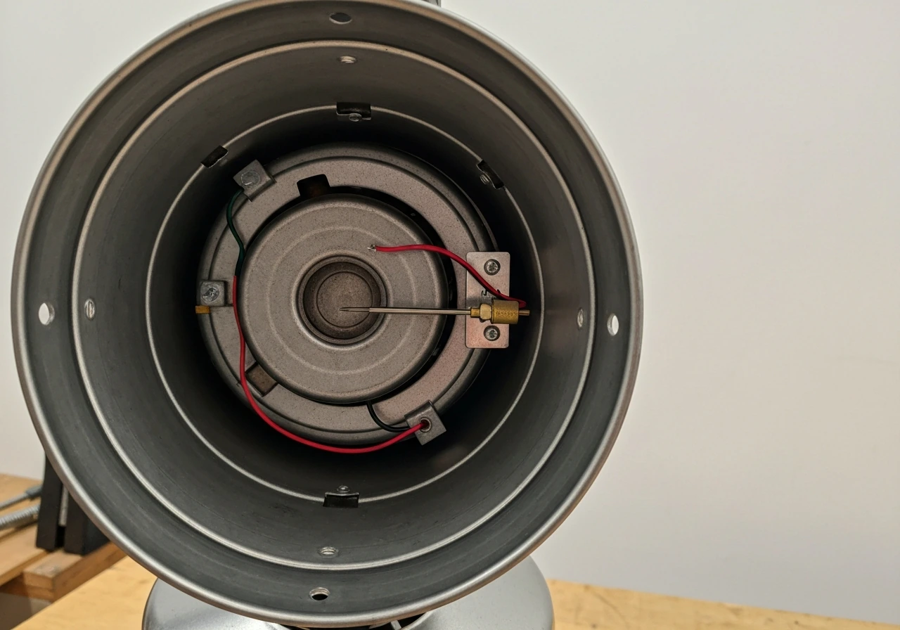 Mushroom propane patio heater with reflector removed, showing the thermocouple probe near the pilot area.