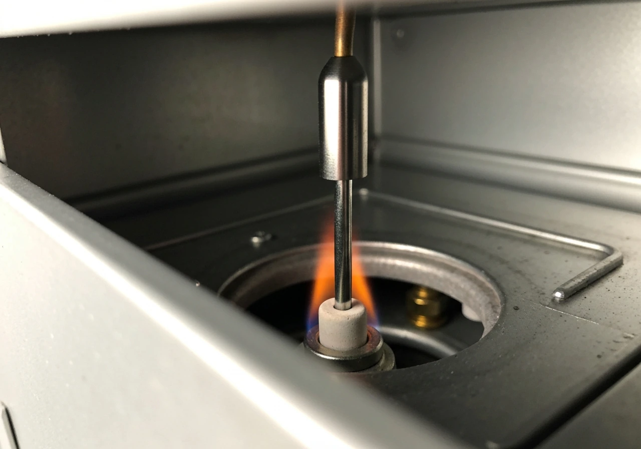 Close-up of a freshly cleaned bright metallic thermocouple tip positioned correctly in a flame path