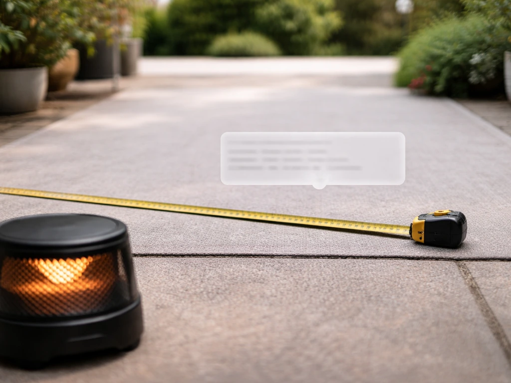 Tape measure laid on a patio floor near a small radiant heater, showing an estimate overlay without readable text.