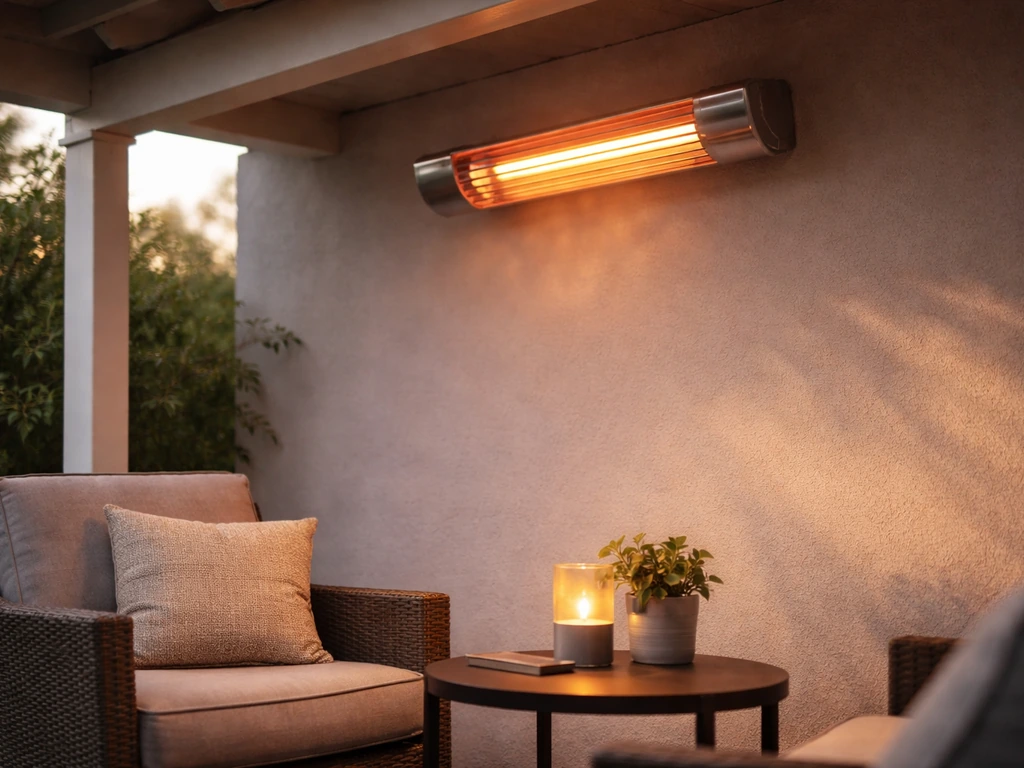 Electric infrared wall-mounted patio heater above a small covered patio seating area