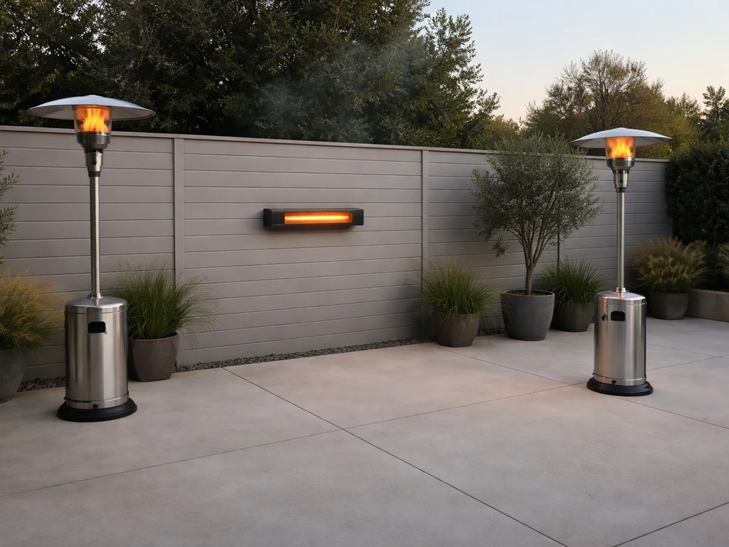 Three unbranded heaters outdoors—propane, electric infrared, and another propane—shown side by side for placement.