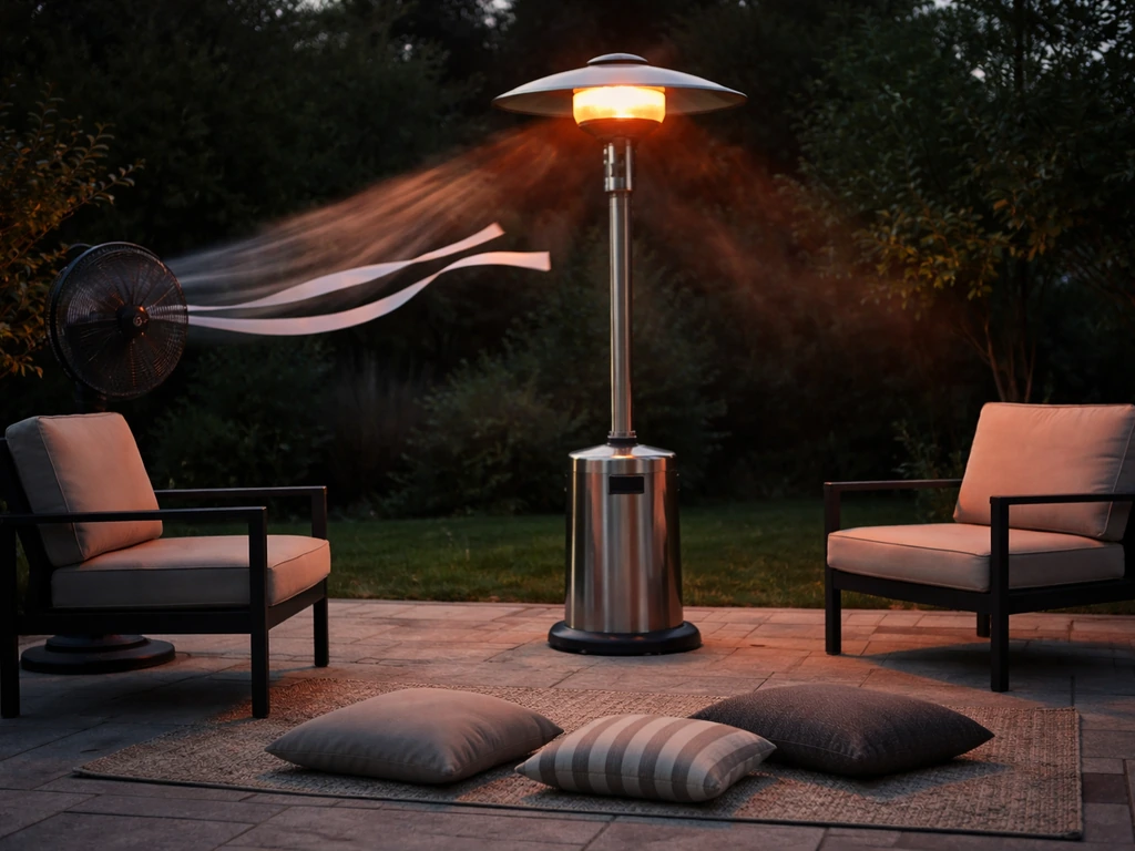 Patio heater outdoors with visible wind cues and simple seating zone markers in a minimal layout.