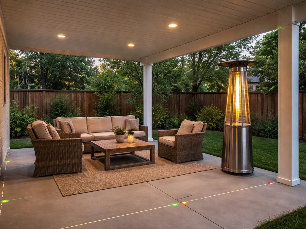 Covered patio at dusk with a gas tower heater and subtle visual markers suggesting patio size.