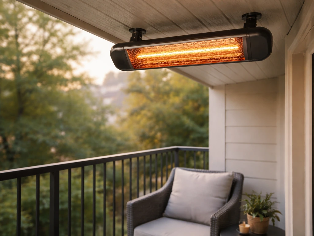 Overhead electric infrared heater mounted on a small balcony above a minimal patio seating area.