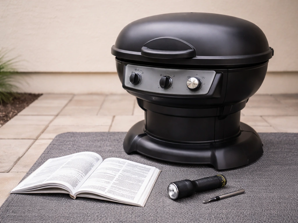 Patio Caddie gas grill on a patio with an open manual beside it for troubleshooting.