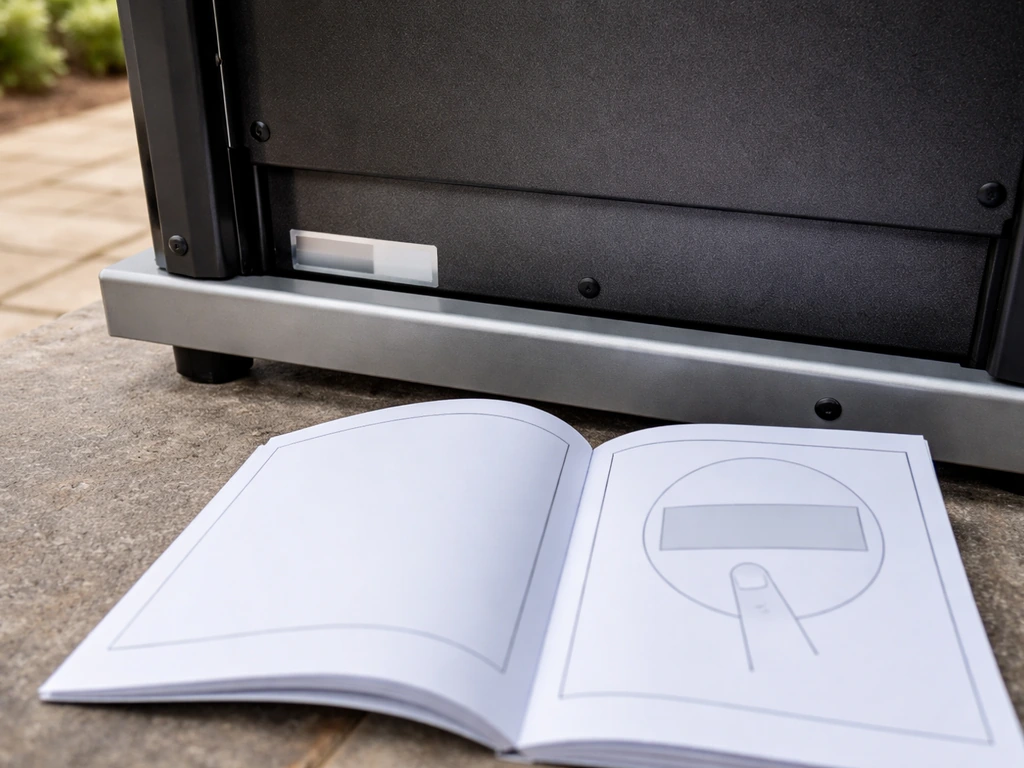 Close-up of a patio grill’s model number sticker area beside an open manual for matching the number