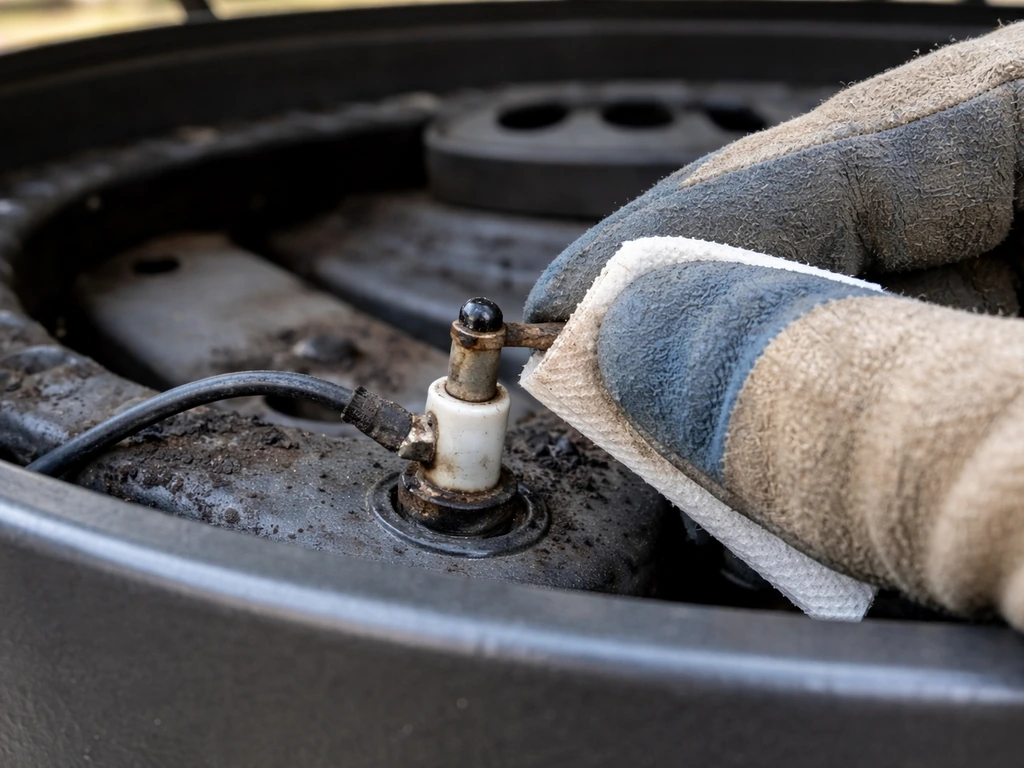 Gloved hands cleaning a grill ignitor electrode and wire with residue on an outdoor gas burner area.