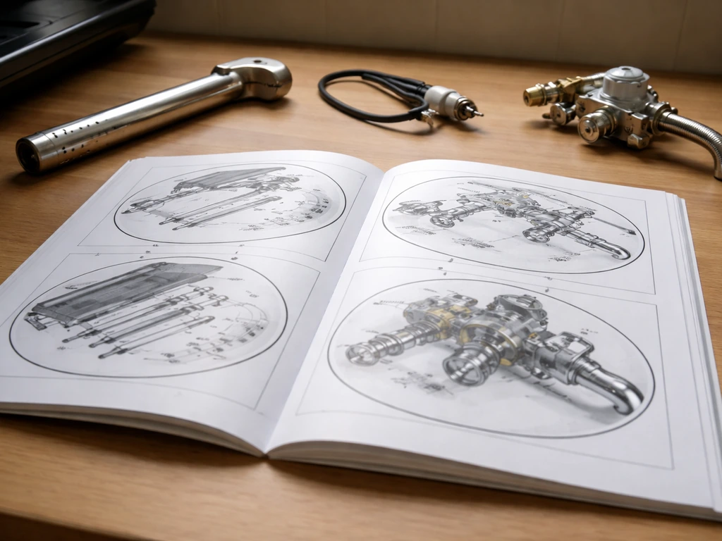 Open grill manual with burner, ignitor, and valve parts placed beside the matching diagram area.