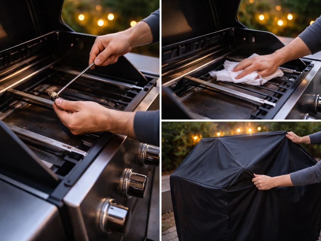 Hands cleaning a grill burner tube with a small brush, then wiping and covering the grill for storage