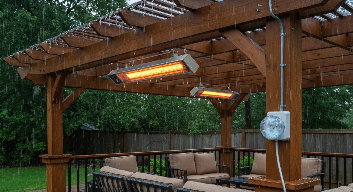 Patio under a pergola with mounted electric infrared heaters operating in light rain; an outdoor GFCI outlet with a weatherproof while-in-use cover is visible on a post.