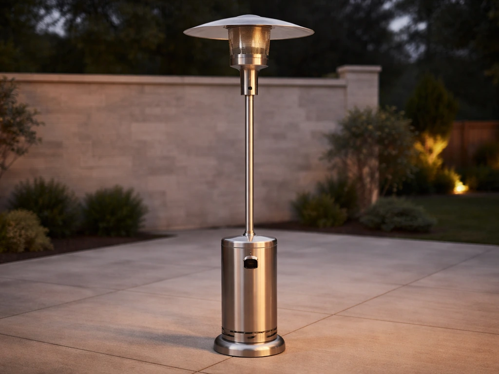 Fully assembled patio heater standing on a patio with a clear view of base, pole, and head.
