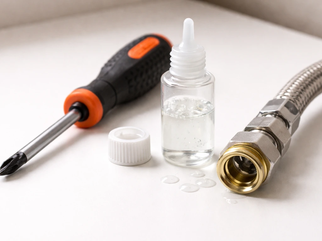 Close-up of a Phillips screwdriver beside a small bottle of leak-detection solution near a plumbing connection.