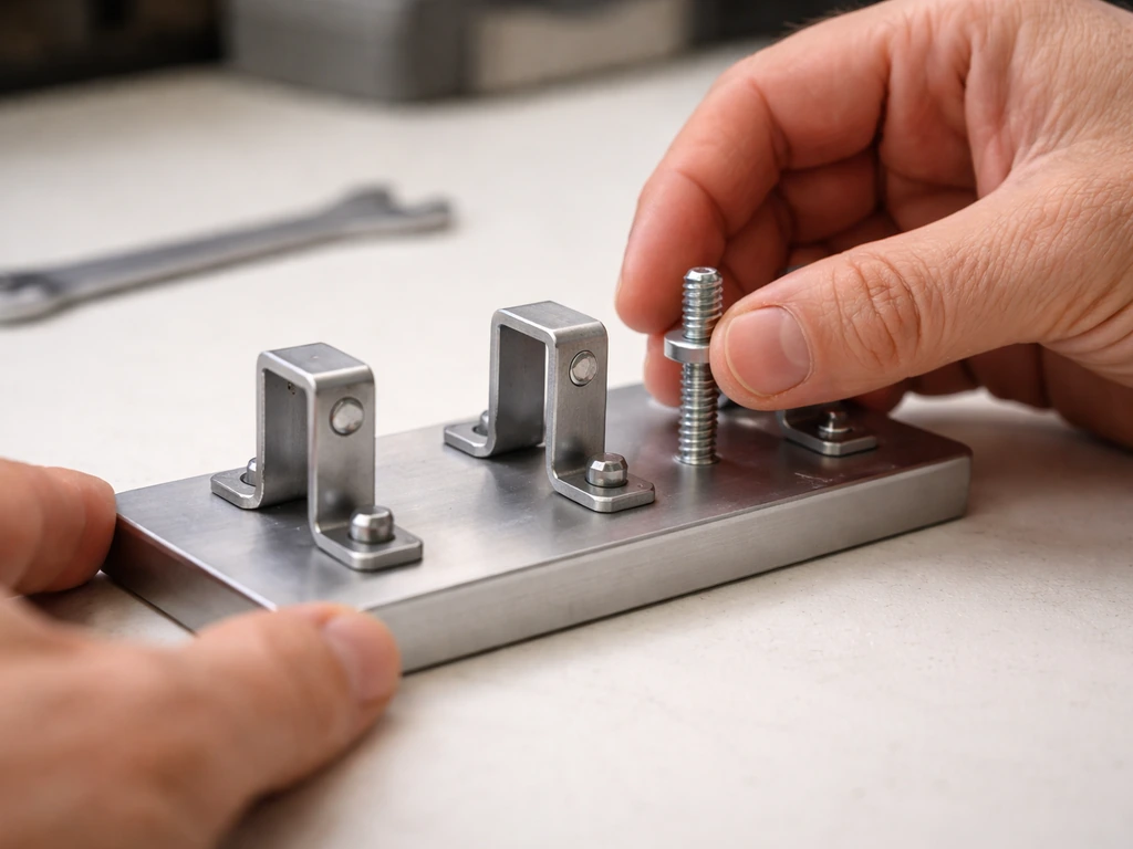 Hands attaching three metal support brackets to a base, bolts loosely started, workshop table setup.