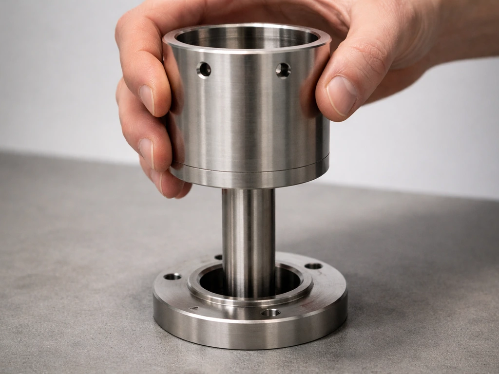 Hands lower a metal cylinder housing onto an upright pole until it seats on the base ring.
