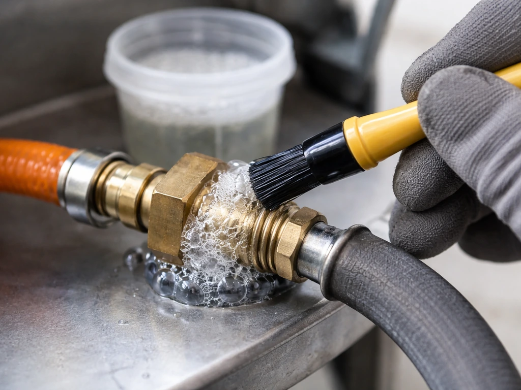 Gloved hands brush soapy water on a gas connection, with bubbles visible at the joint.