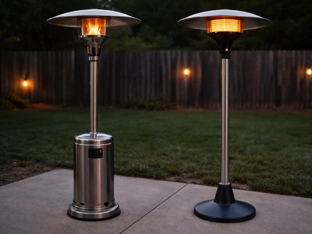 Side-by-side propane flame patio heater and electric patio heater, showing different heat sources.