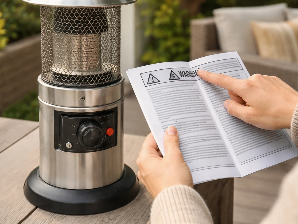 Open patio heater manual and a close warning-style label area beside a patio heater outdoors.