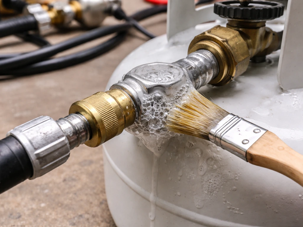 Close-up of soapy water bubbles around a propane hose and regulator connection, indicating a gas leak.