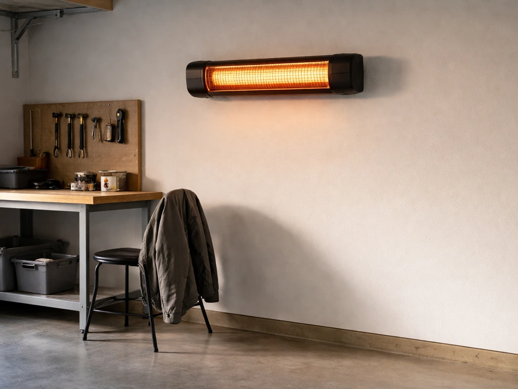 Wall-mounted electric infrared heater warming a quiet garage workspace with a clear, safe setup.