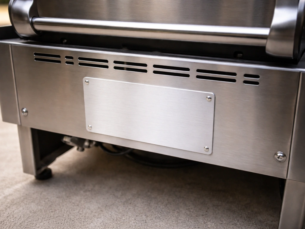 Close-up of a grill’s rating/identification label on the underside back panel area.
