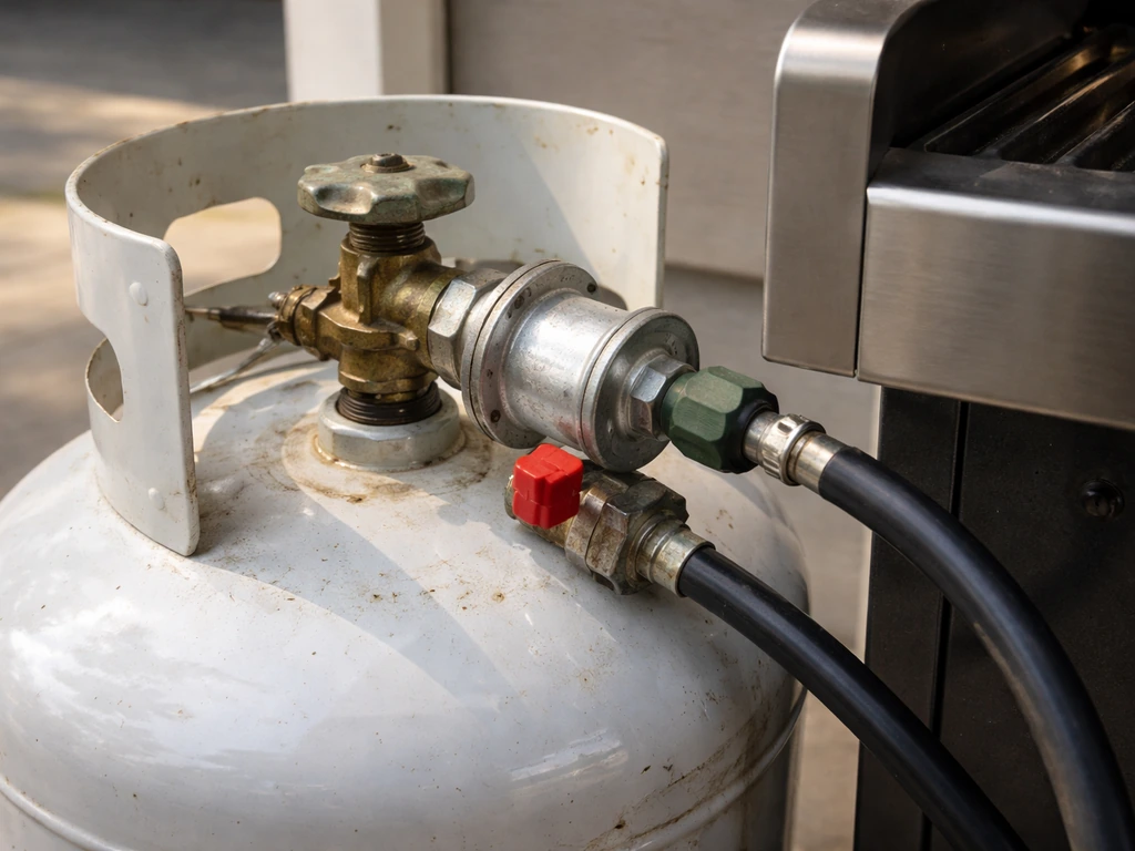 Close-up of an LP gas cylinder connected to a grill regulator, manual valve inspection points visible